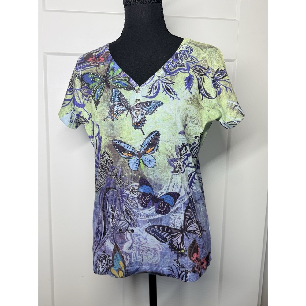 Apt 9 Womens Medium Butterfly Print Y2K Henley Top Rhinestone Short Sleeve